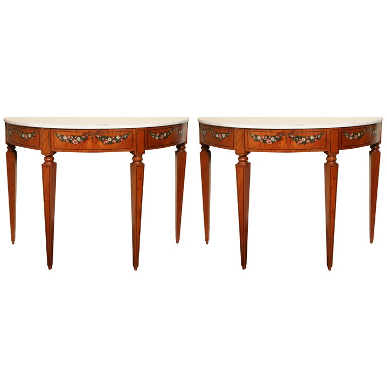 Pair of Adams Painted Marble-Top Console Tables  For Sale
