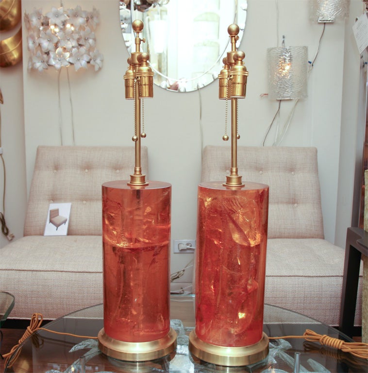 Pair of orange fractured resin lamps atrributed to Pierre Giraud