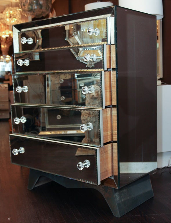 Custom 5-drawer pie crust mirrored highboy. Customization is available in different sizes, finishes and hardware.