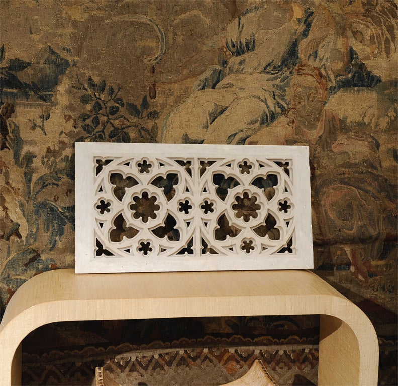 Wonderful pair of marble panels, highly carved detail in the Gothic style, early 20th c.