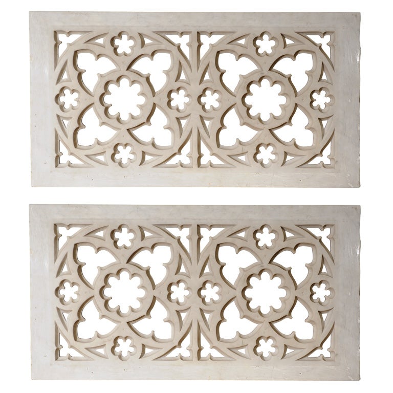 Pair of intricately carved Gothic style marble panels For Sale