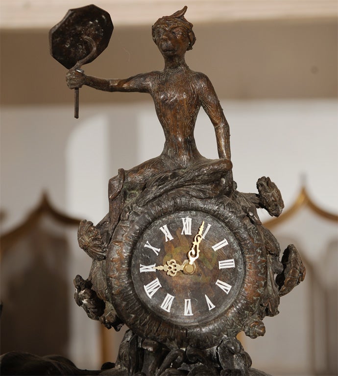 20th Century Whimsical metal figural Clock, Monkey w/ parasol riding Elephant For Sale