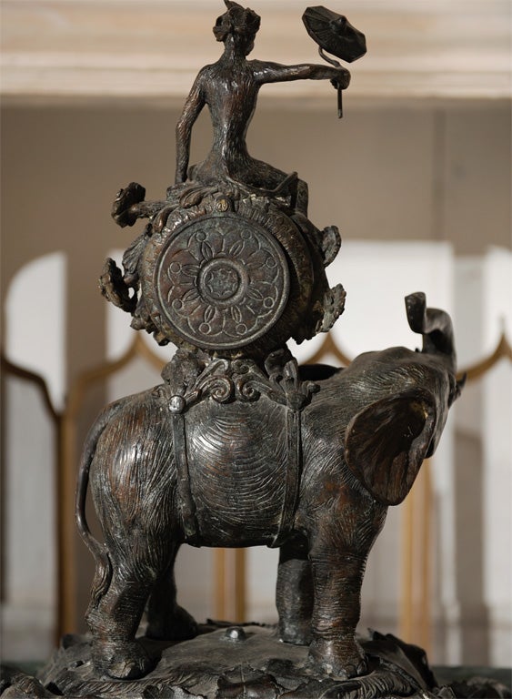 Whimsical metal figural Clock, Monkey w/ parasol riding Elephant For Sale 4