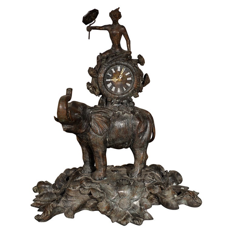 Whimsical metal figural Clock, Monkey w/ parasol riding Elephant For Sale