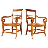 Antique Pair of French  Restauration walnut rush-seated armchairs