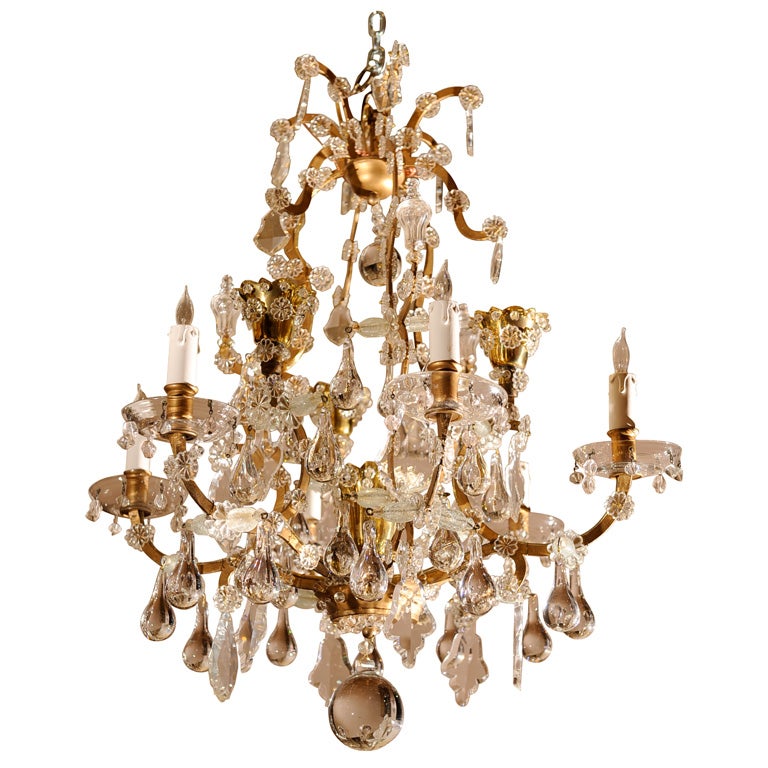 French Art Moderne bronze 
crystal ten-light chandelier For Sale