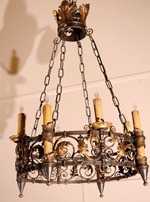 French Renaissance Revival wrought iron eight-light chandelier