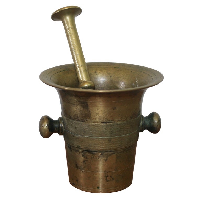 19th C. Swedish Brass Mortar 
Pestle For Sale