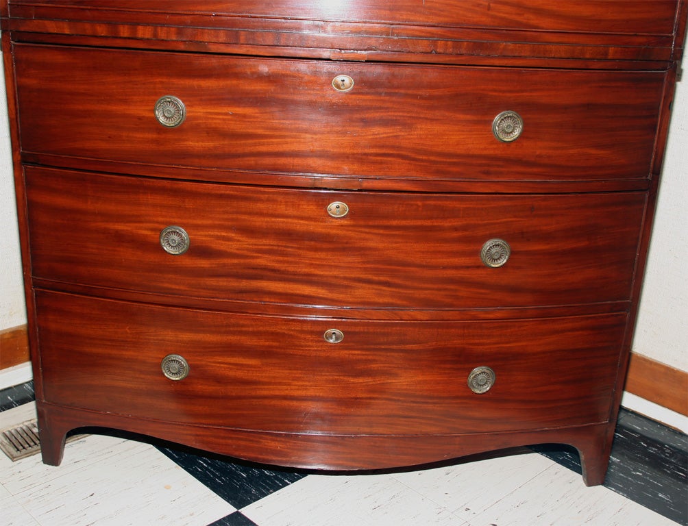 English, mahogany bow front chest on chest with ebony string inlay on unique Hepplewhite crown. Brass ring pulls with round backplates.