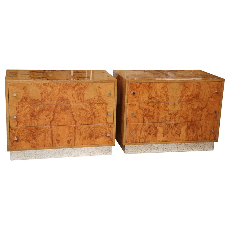Pair of Burlwood Night Stands in the Manner of Milo Baughman