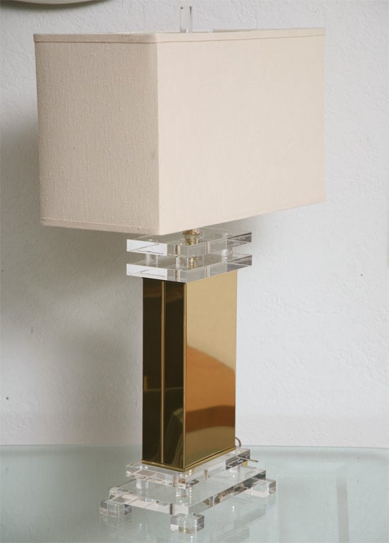 American Pair of 70's Brass and Lucite Lamps