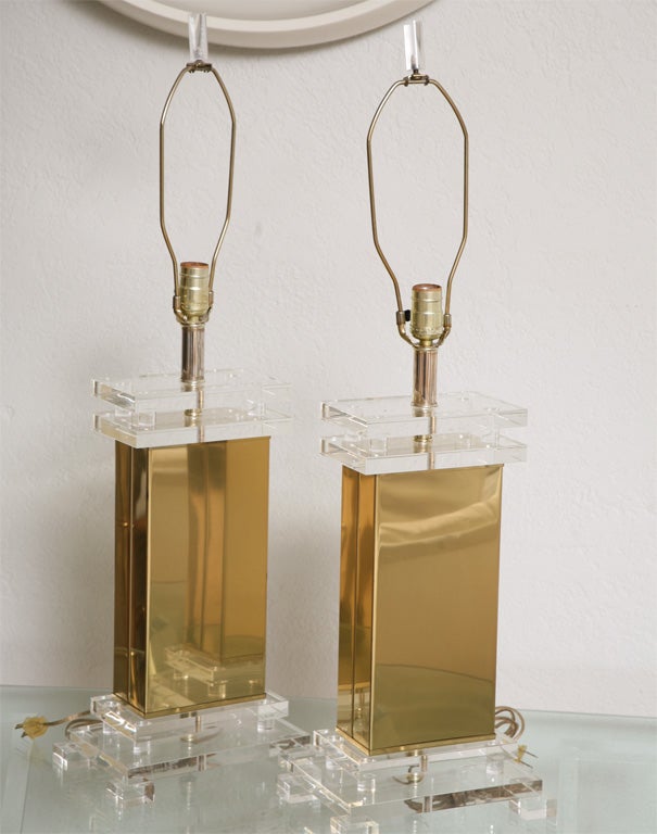 Late 20th Century Pair of 70's Brass and Lucite Lamps