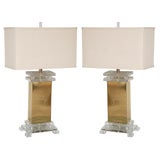 Pair of 70's Brass and Lucite Lamps