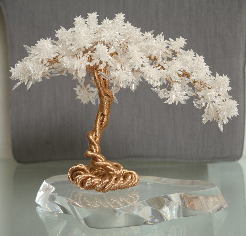 Late 20th Century Delightful Beaded Brass Tree Sculpture on Lucite Stand