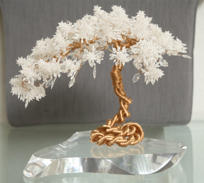 Delightful Beaded Brass Tree Sculpture on Lucite Stand 2