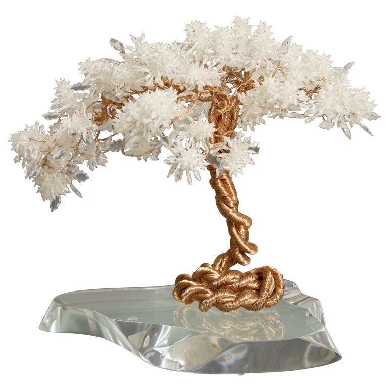 Delightful Beaded Brass Tree Sculpture on Lucite Stand