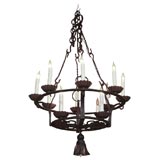 FRENCH 13 LIGHT  WROUGHT IRON CHANDELIER W/LIGHTED METAL TASSEL