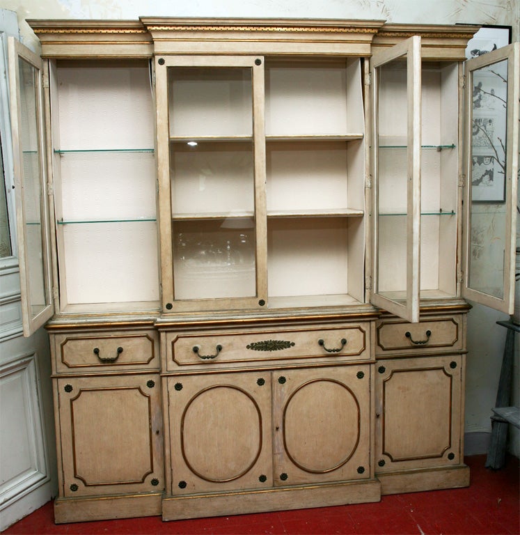 Very handsome display cabinet with upper glass cabinet, secretary with drawers and cabinets in the base unit.  Slight step back, 2 separate units.  Perfect as a library bookcase, hutch or buffet sideboard in a dining room.

Keywords:  breakfront,