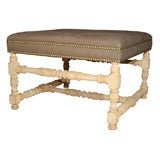 French Bleached Oak and Linen Ottoman