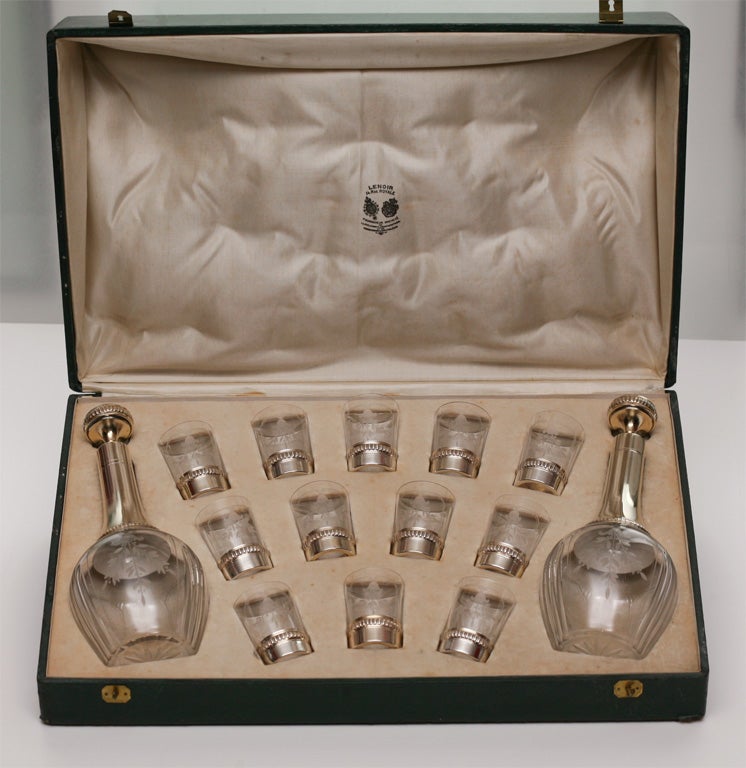 French Crystal Decanter and Cordials with Silver Mounts