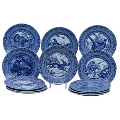 Set of 12 Wedgwood 19th Century Blue and White Game Subjects Dinner Plates