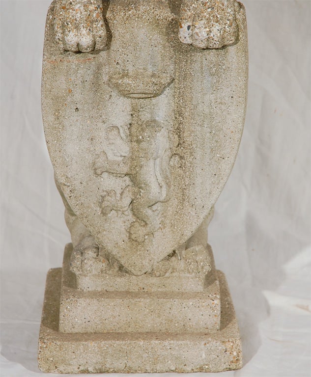 Pair of Garden Concrete Carved Lions with Shields C. 1920's