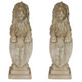 Pair of Garden Concrete Carved Lions with Shields C. 1920's