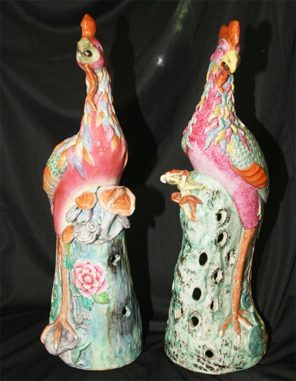 Large Assembled Pair of Chinese Famille Rose Phoenix Birds For Sale 2