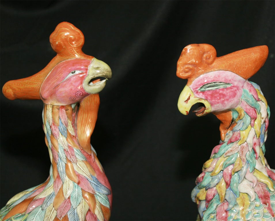 Large Assembled Pair of Chinese Famille Rose Phoenix Birds For Sale 3