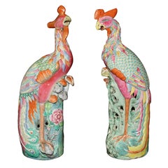 Large Assembled Pair of Chinese Famille Rose Phoenix Birds