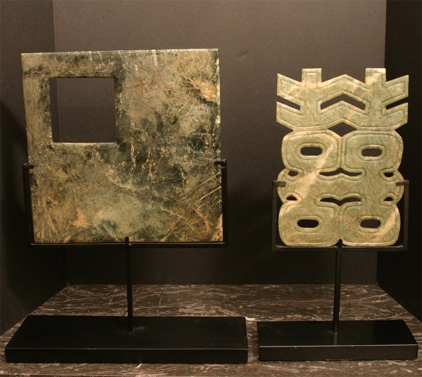 Two Carved Jade Plaques Mounted on Stands