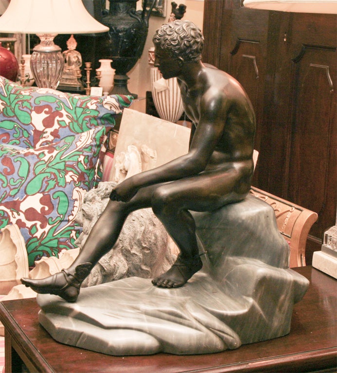 This very well cast and finely detailed grand tour bronze figure of Mercury after the antique is of a good size and dramatic pose. The patination is of a deep soft brown with sligh molting to the rescessed areas giving the piece an almost buttery