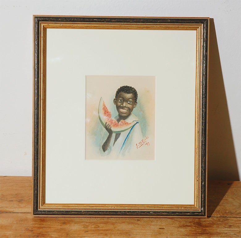 1897 Watercolor of a Black Boy Eating a Watermelon