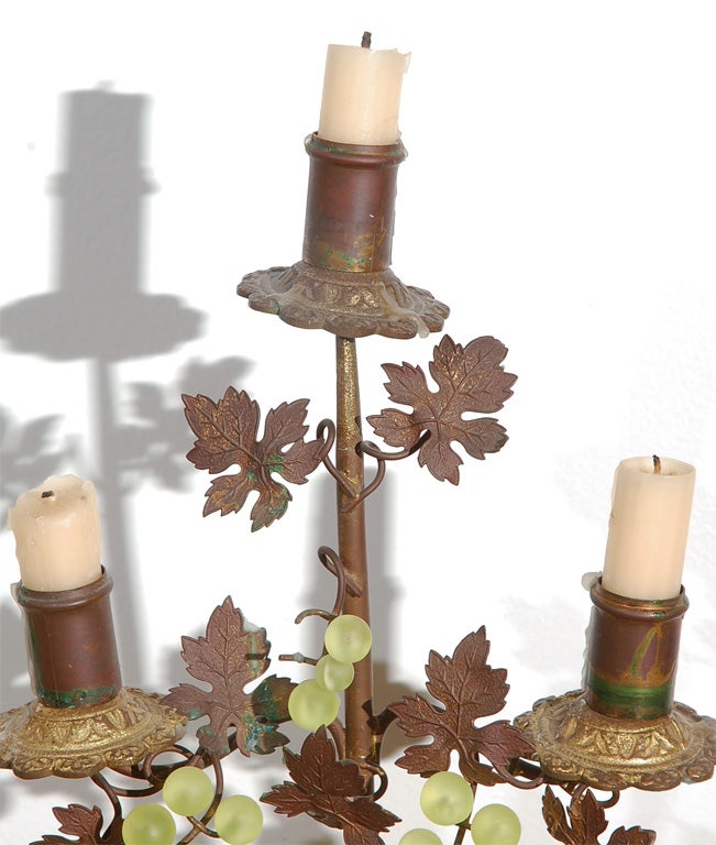 C. 1900 Brass Candleabras with Green Glass Grapes
