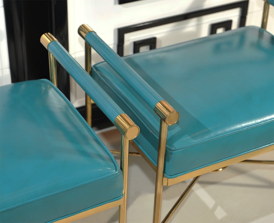 Mid-20th Century Pair of Sophisticated Turqoise Leather Benches