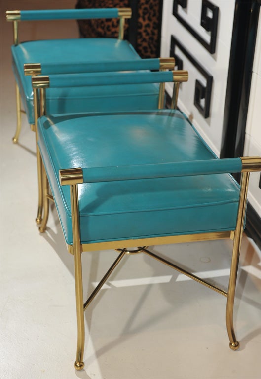 Brass Pair of Sophisticated Turqoise Leather Benches
