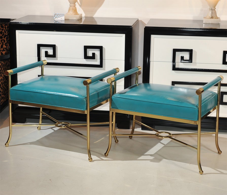 Pair of Sophisticated Turqoise Leather Benches 1