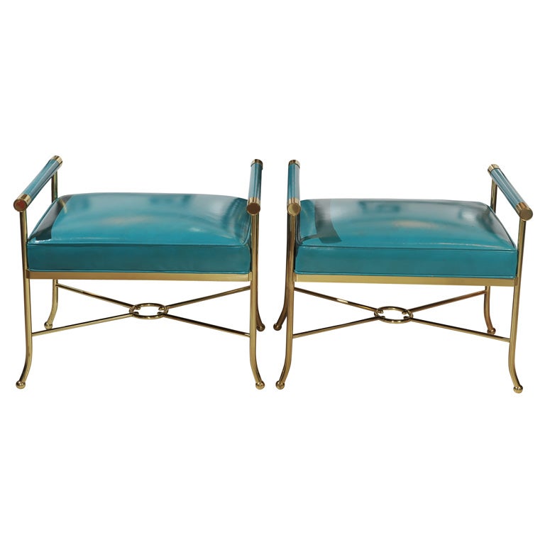 Pair of Sophisticated Turqoise Leather Benches