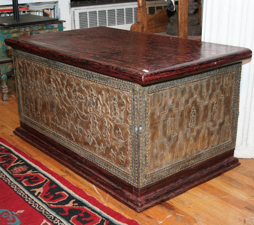 Teak Box with Gold lacquered etchings and mirrors. Traditionally used to house religious texts and manuscripts. Removable top lid (no hinges)