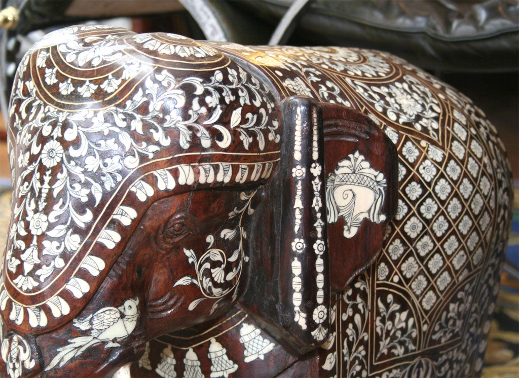 Impressive Anglo Indian Ivory and Bone Inlaid Rosewood Elephant 1