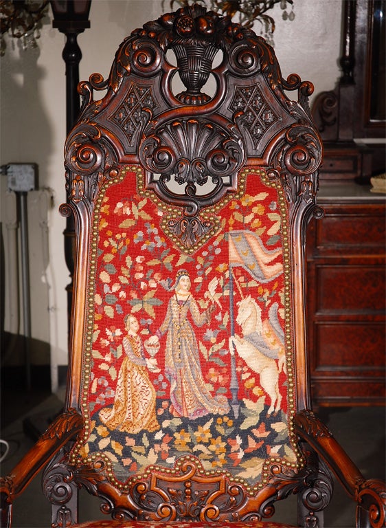 20th Century BIG French Walnut Carved Throne Chair with Needlepoint