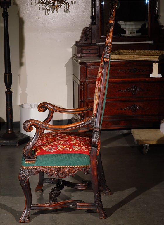 BIG French Walnut Carved Throne Chair with Needlepoint 2