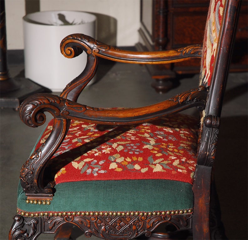 BIG French Walnut Carved Throne Chair with Needlepoint 3