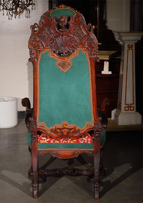 BIG French Walnut Carved Throne Chair with Needlepoint 4