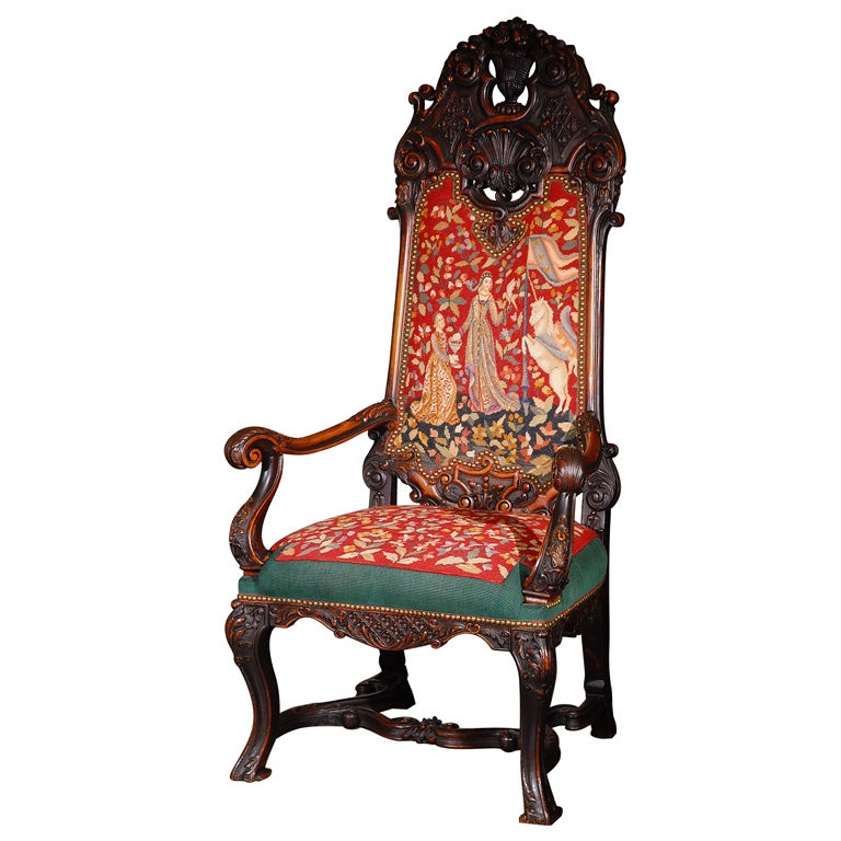 BIG French Walnut Carved Throne Chair with Needlepoint