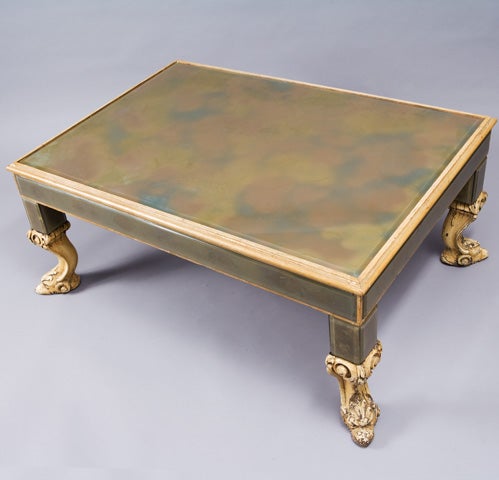 Designer Dolphin Footed Eglomaise Glass Coffee Table