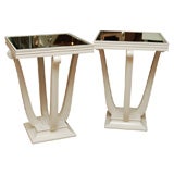 Pair of White Lacquer Mirror Top Side Tables