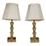Vintage Pair of Crystal Boudoir Lamps with Brass Trim