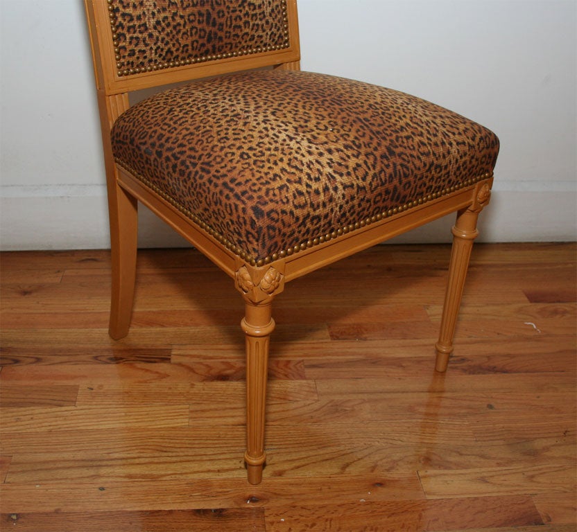 Set of 6 dining room chairs. Newly reupholstered in an exciting leopard print fabric.<br />
Provenance: M.C.P.S Chateau de St.Thibaut, near Troyes.