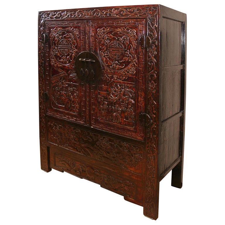 Chinese 18th Century Carved Front Cabinet Armoire in Elmwood For Sale
